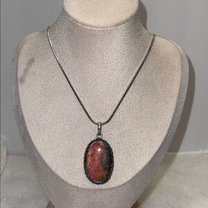 Elegant Silver and Red Rhodonite stone Pendant Necklace